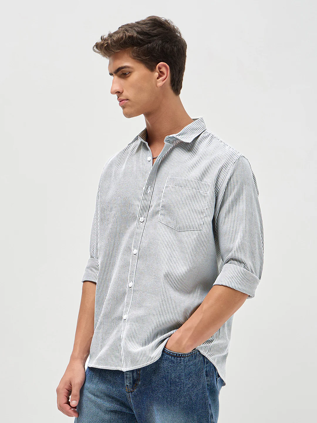Men's Light Grey Cotton Full Sleeve Regular Fit Casual Striped Shirt - Image 3
