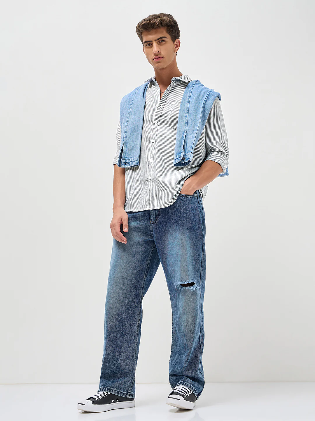 Men's Light Grey Cotton Full Sleeve Regular Fit Casual Striped Shirt - Image 5