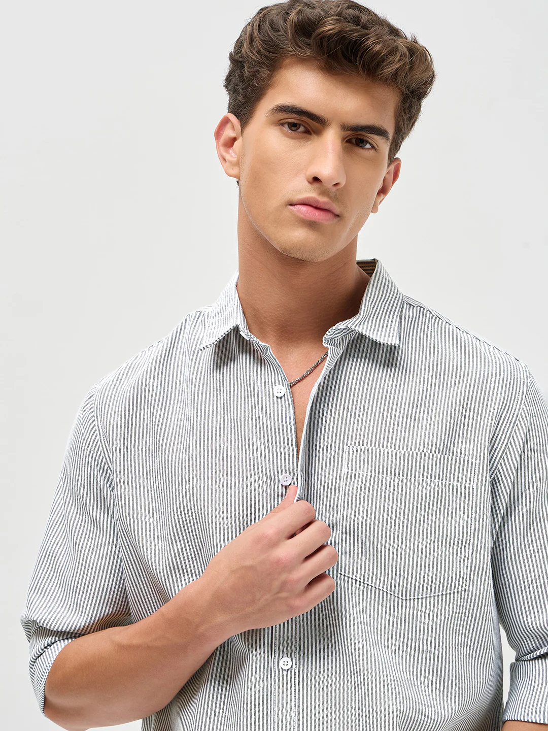 Men's Light Grey Cotton Full Sleeve Regular Fit Casual Striped Shirt - Image 6