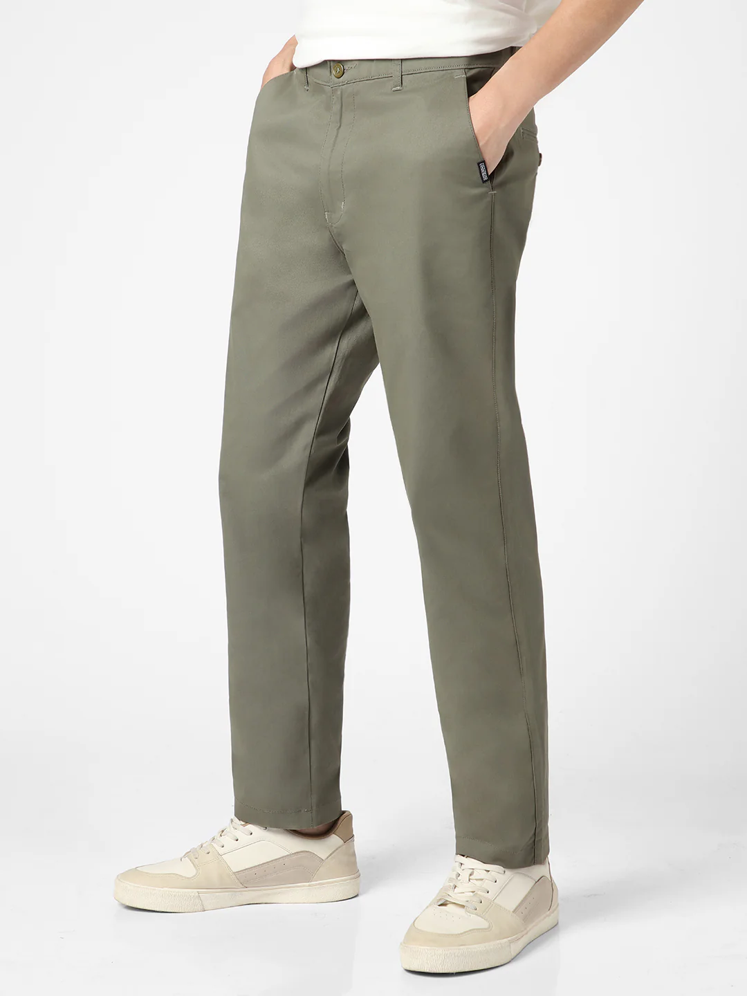 Men's Light Grey Cotton Regular Fit Casual Chinos Trousers Stretch - Image 2