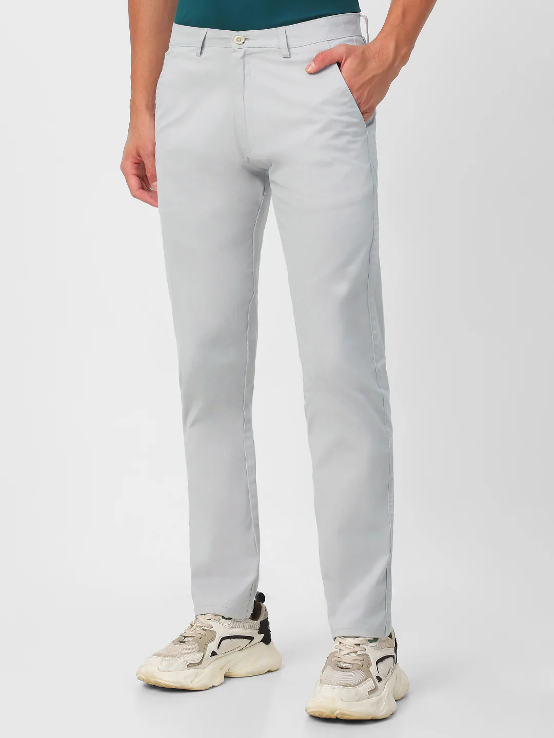 Men's Light Grey Cotton Slim Fit Casual Chinos Trousers Stretch - Image 2