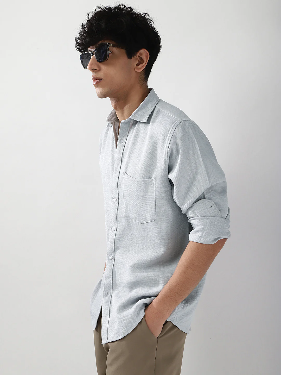 Men's Light Grey Linen Blend Full Sleeve Relaxed Fit Casual Solid Shirt - Image 2