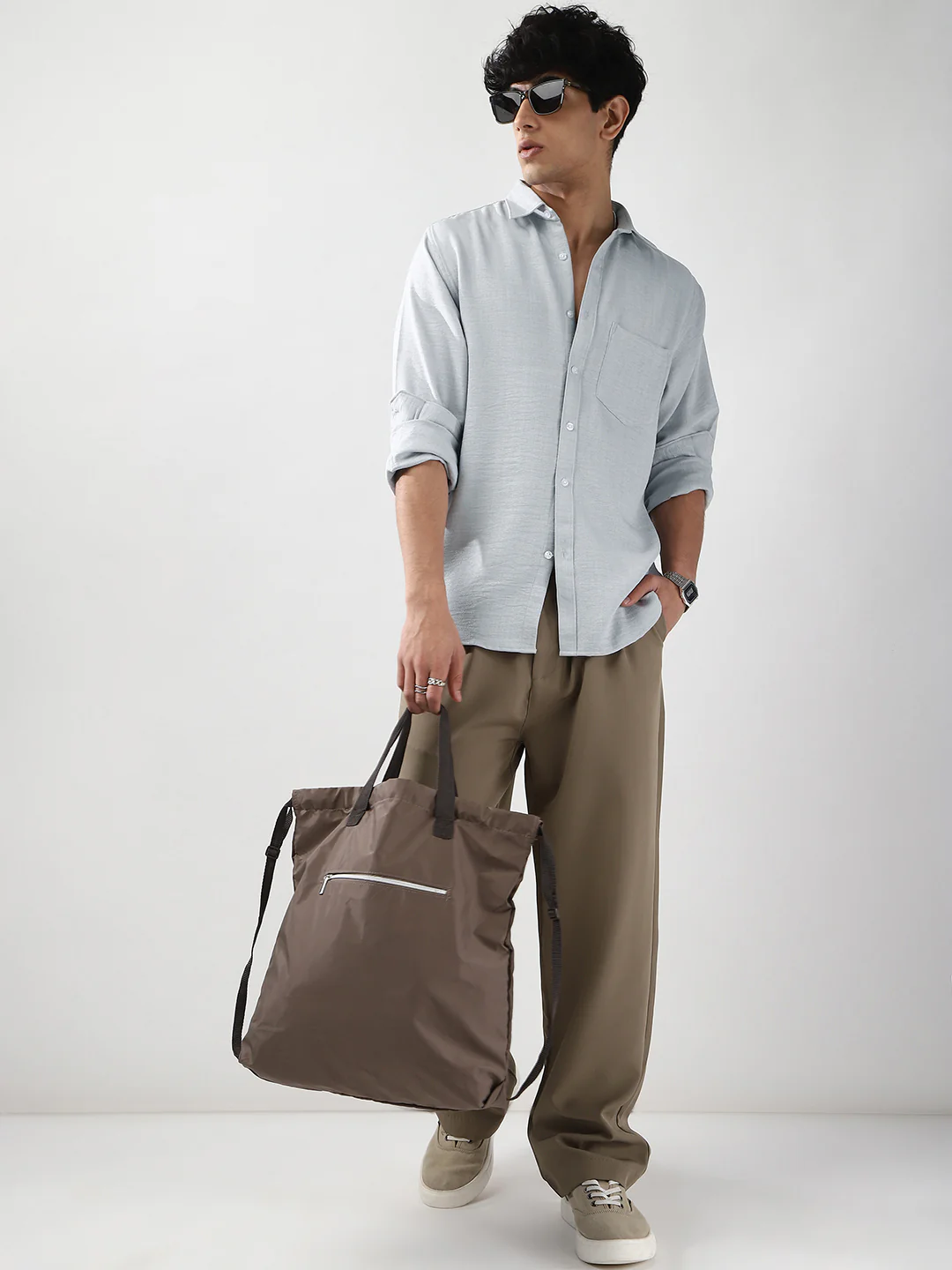 Men's Light Grey Linen Blend Full Sleeve Relaxed Fit Casual Solid Shirt - Image 4