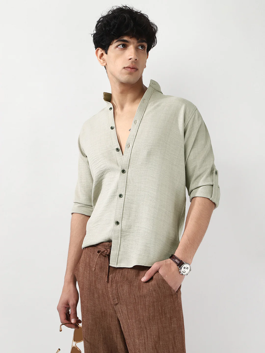 Men's Light Grey Linen Blend Full Sleeve Relaxed Fit Mandarin Collar Casual Solid Shirt