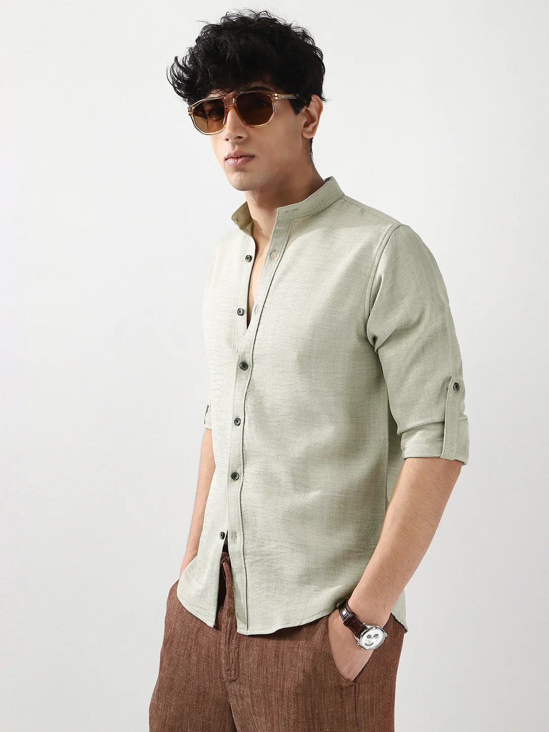 Men's Light Grey Linen Blend Full Sleeve Relaxed Fit Mandarin Collar Casual Solid Shirt - Image 2