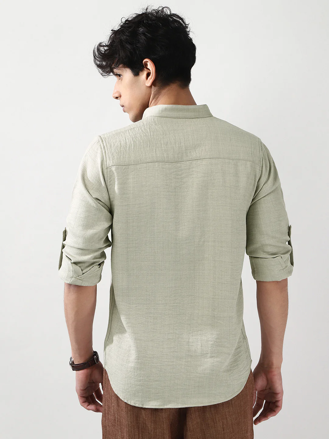 Men's Light Grey Linen Blend Full Sleeve Relaxed Fit Mandarin Collar Casual Solid Shirt - Image 3