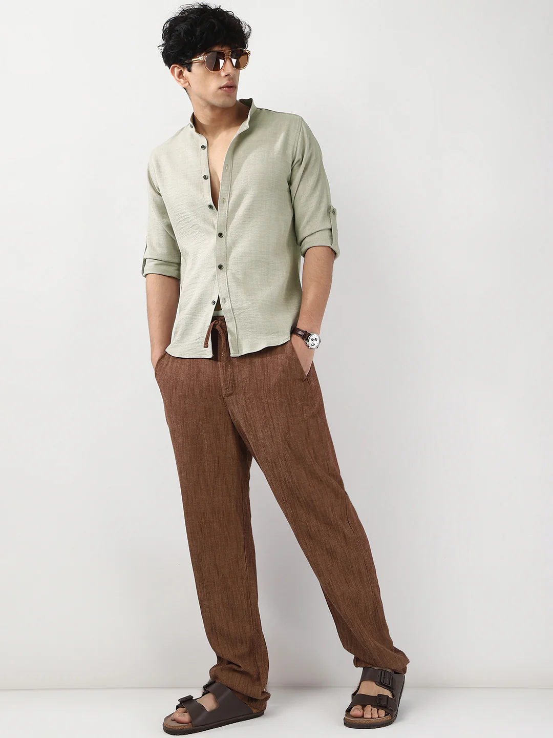 Men's Light Grey Linen Blend Full Sleeve Relaxed Fit Mandarin Collar Casual Solid Shirt - Image 4