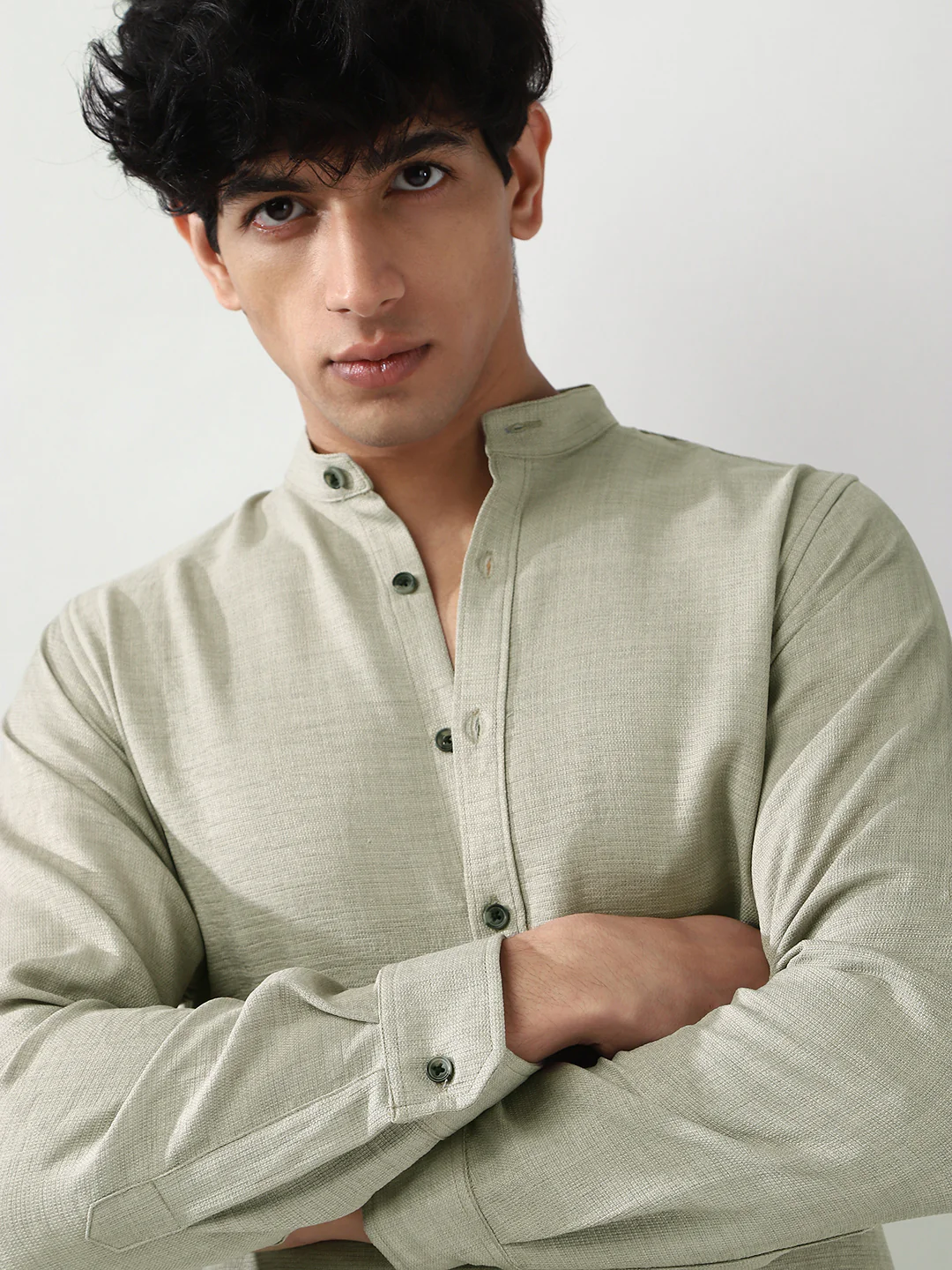 Men's Light Grey Linen Blend Full Sleeve Relaxed Fit Mandarin Collar Casual Solid Shirt - Image 5