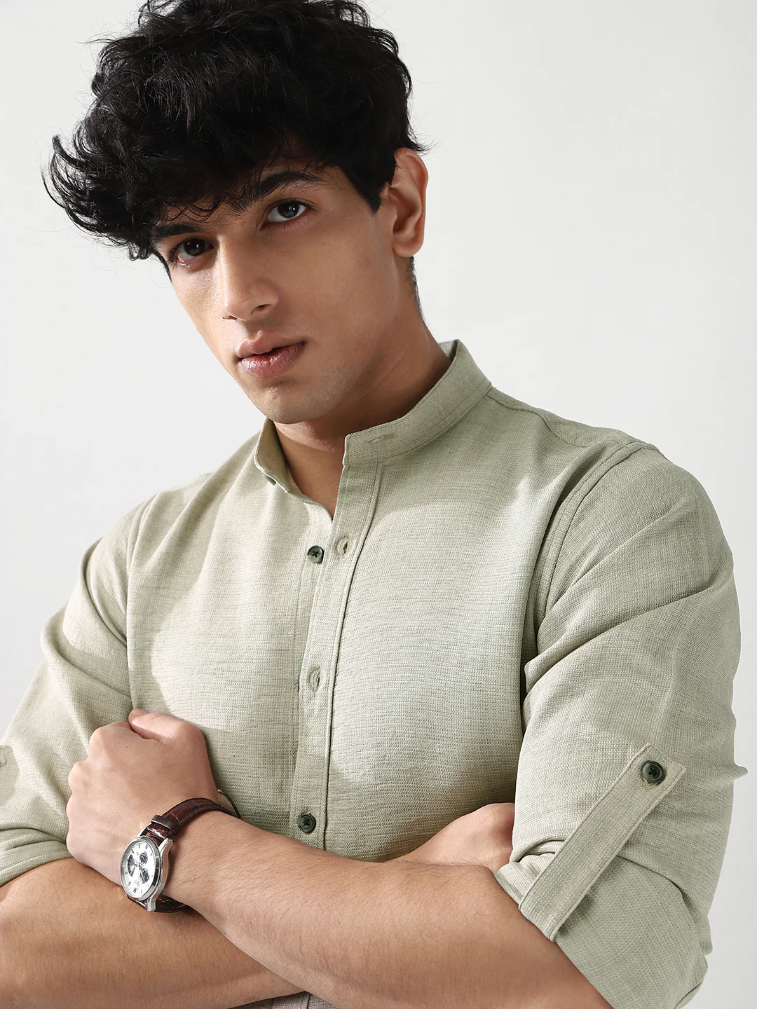 Men's Light Grey Linen Blend Full Sleeve Relaxed Fit Mandarin Collar Casual Solid Shirt - Image 6