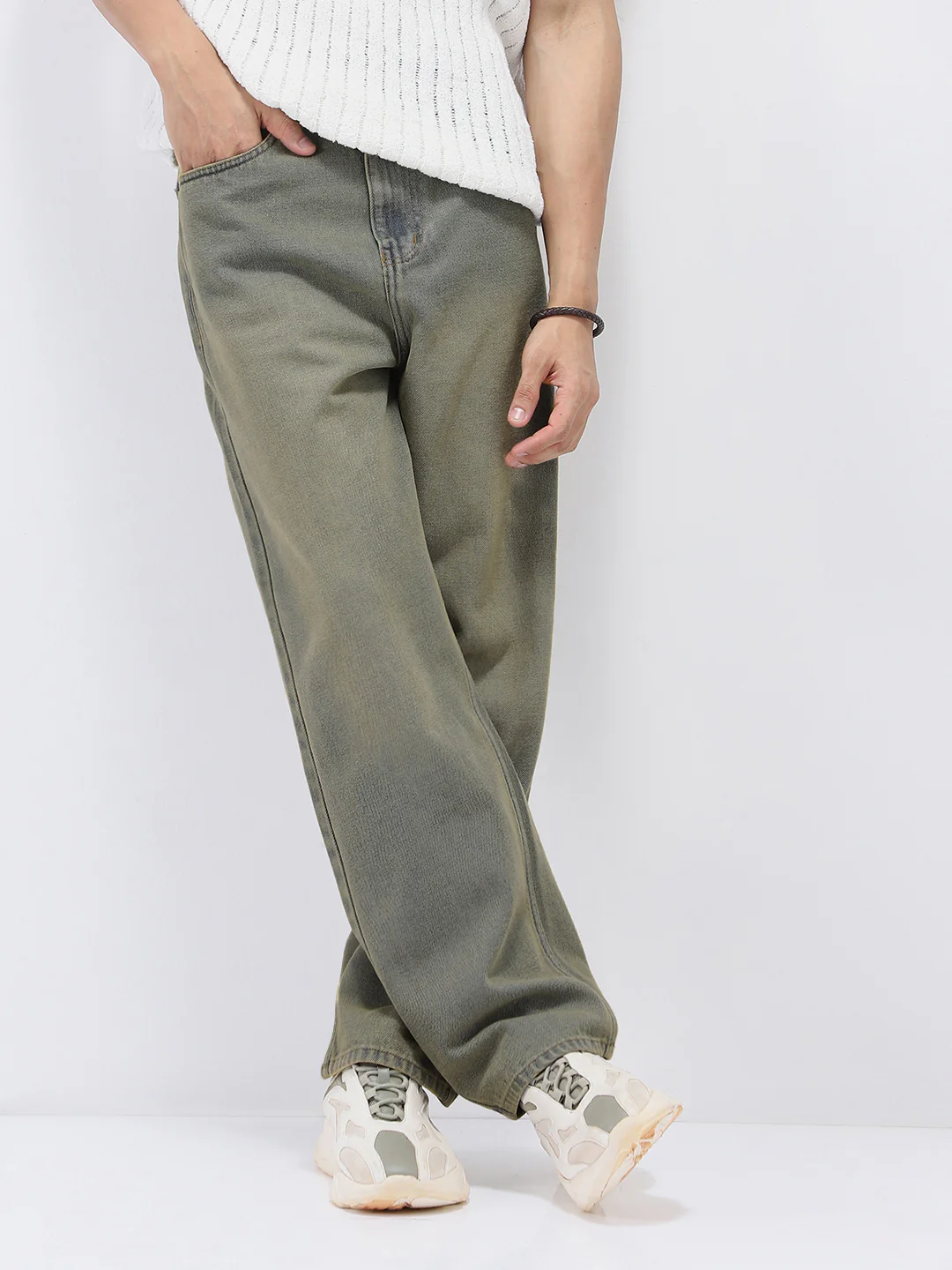 Men's Light Grey Loose Baggy Fit Heavy Washed Jeans Non-Stretchable