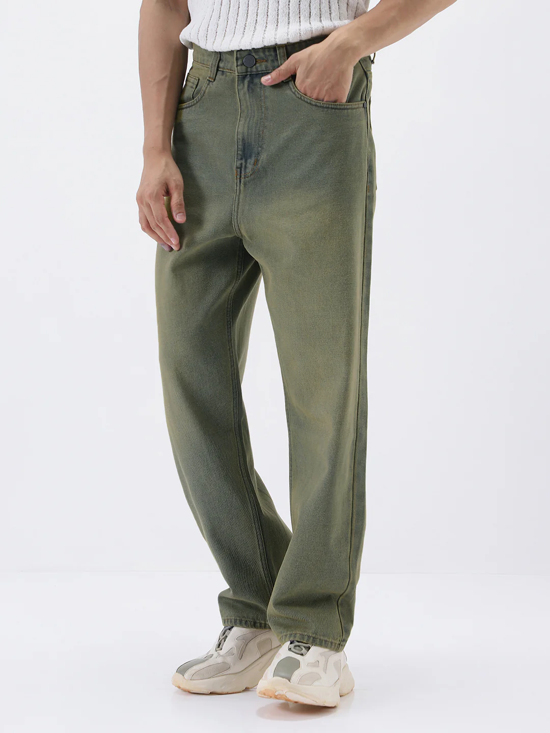 Men's Light Grey Loose Baggy Fit Heavy Washed Jeans Non-Stretchable - Image 2