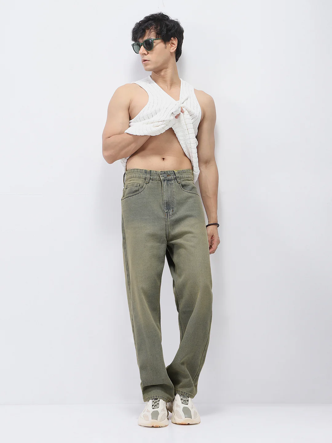 Men's Light Grey Loose Baggy Fit Heavy Washed Jeans Non-Stretchable - Image 4