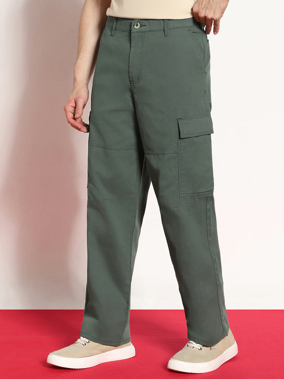 Men's Light Grey Loose Baggy Fit Solid Cargo Chino Pant with 6 Pockets Non-Stretchable - Image 3