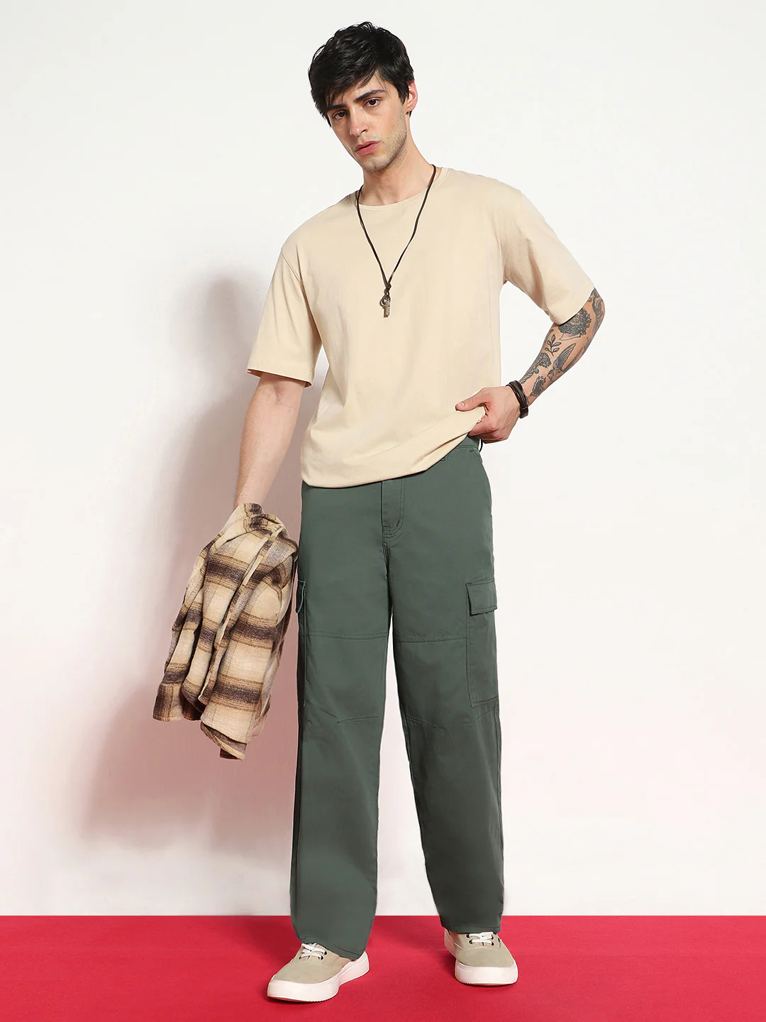 Men's Light Grey Loose Baggy Fit Solid Cargo Chino Pant with 6 Pockets Non-Stretchable - Image 5