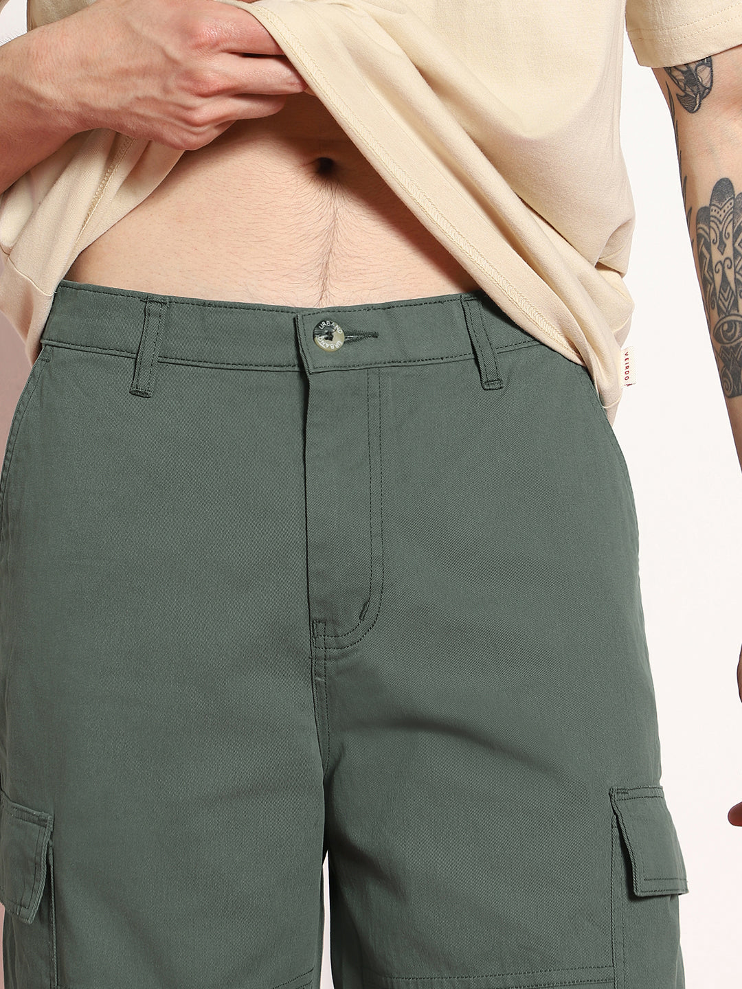 Men's Light Grey Loose Baggy Fit Solid Cargo Chino Pant with 6 Pockets Non-Stretchable - Image 6