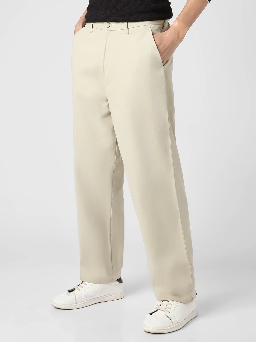 Men's Light Grey Loose Baggy Fit Solid Chino Trousers Non-Stretchable - Image 3