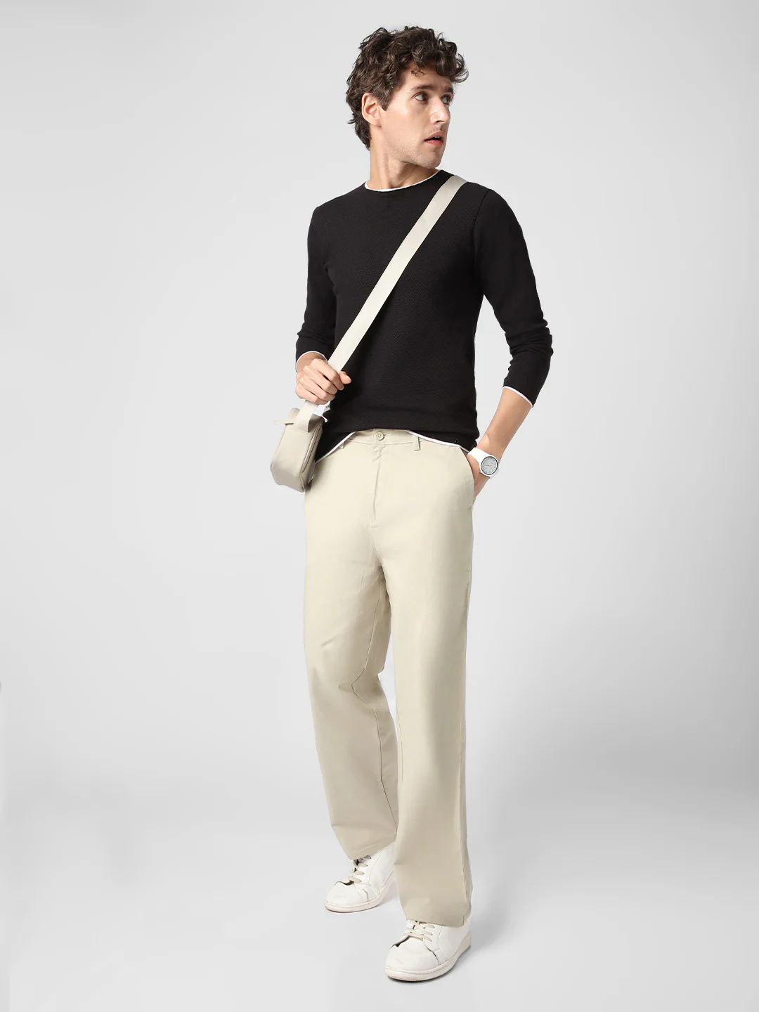 Men's Light Grey Loose Baggy Fit Solid Chino Trousers Non-Stretchable - Image 5