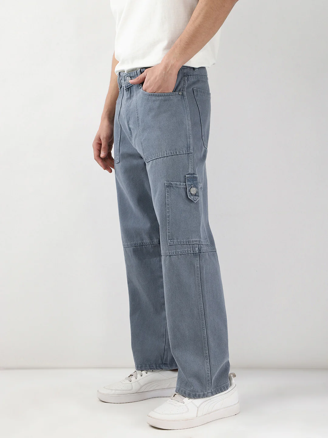 Men's Light Grey Loose Baggy Fit Washed Cargo Jeans with 6 Pockets Non-Stretchable - Image 2