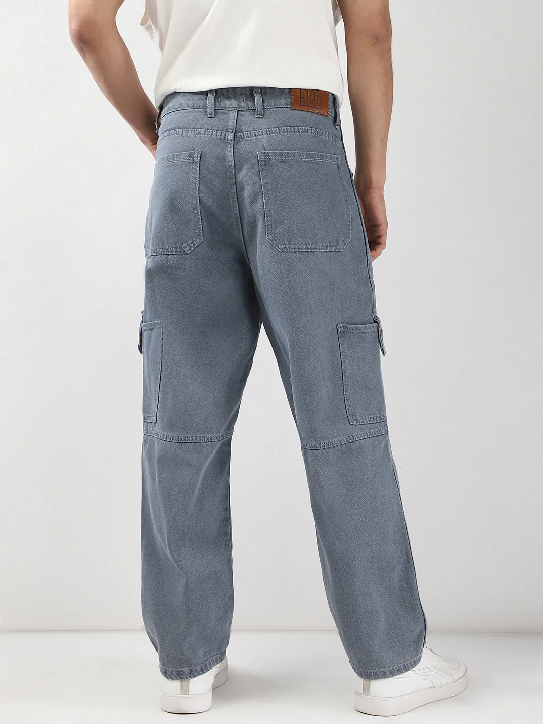 Men's Light Grey Loose Baggy Fit Washed Cargo Jeans with 6 Pockets Non-Stretchable - Image 3