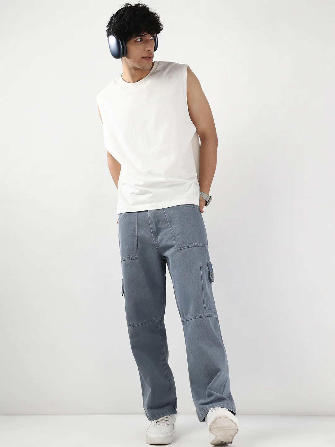 Men's Light Grey Loose Baggy Fit Washed Cargo Jeans with 6 Pockets Non-Stretchable - Image 4