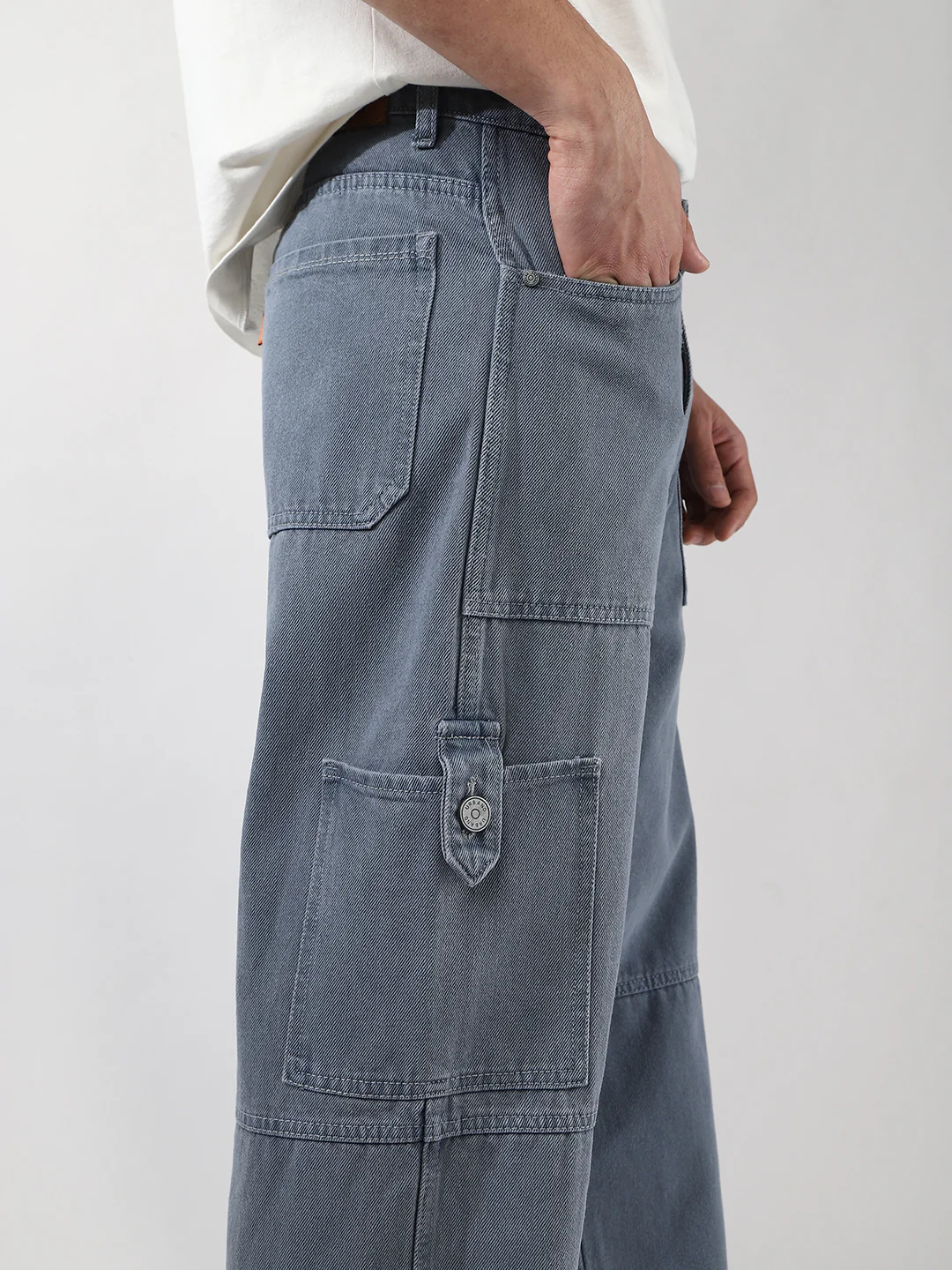 Men's Light Grey Loose Baggy Fit Washed Cargo Jeans with 6 Pockets Non-Stretchable - Image 5