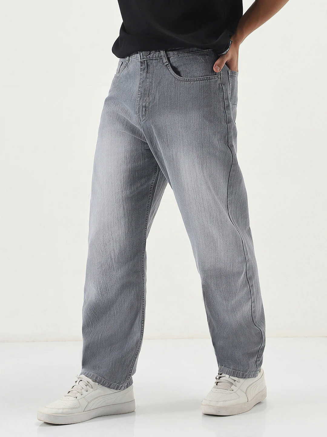 Men's Light Grey Loose Baggy Fit Washed Denim Jeans Non-Stretchable - Image 2