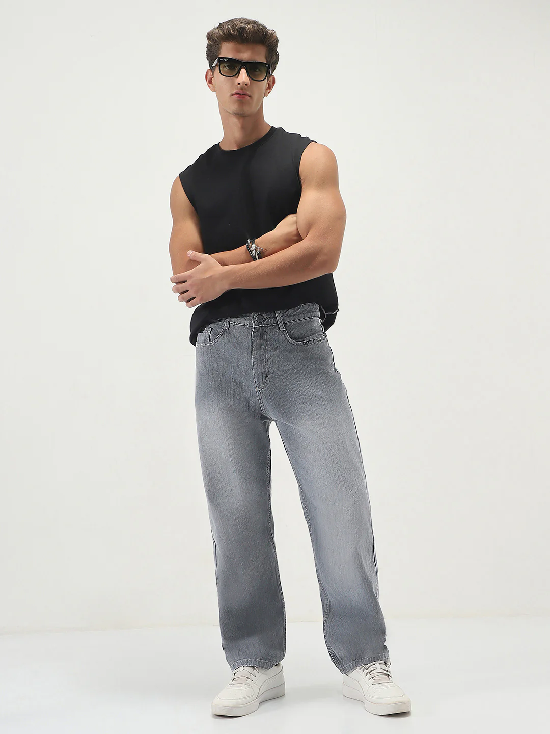 Men's Light Grey Loose Baggy Fit Washed Denim Jeans Non-Stretchable - Image 4