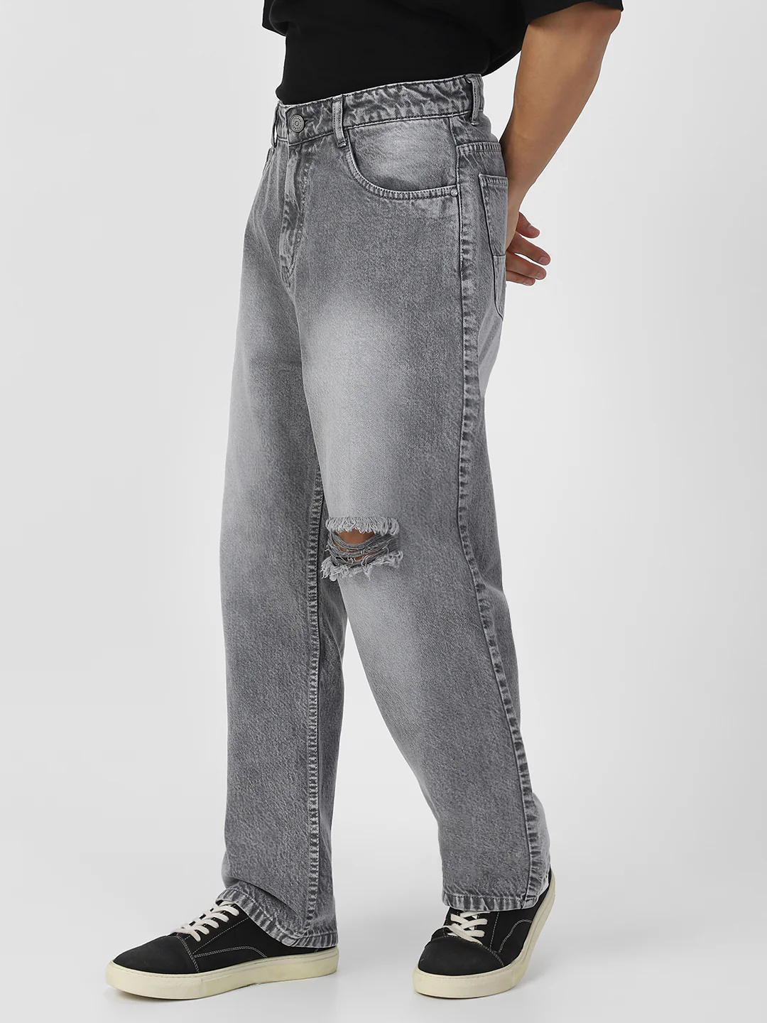 Men's Light Grey Loose Baggy Fit Washed Distressed/Torn Jeans Non-Stretchable - Image 2