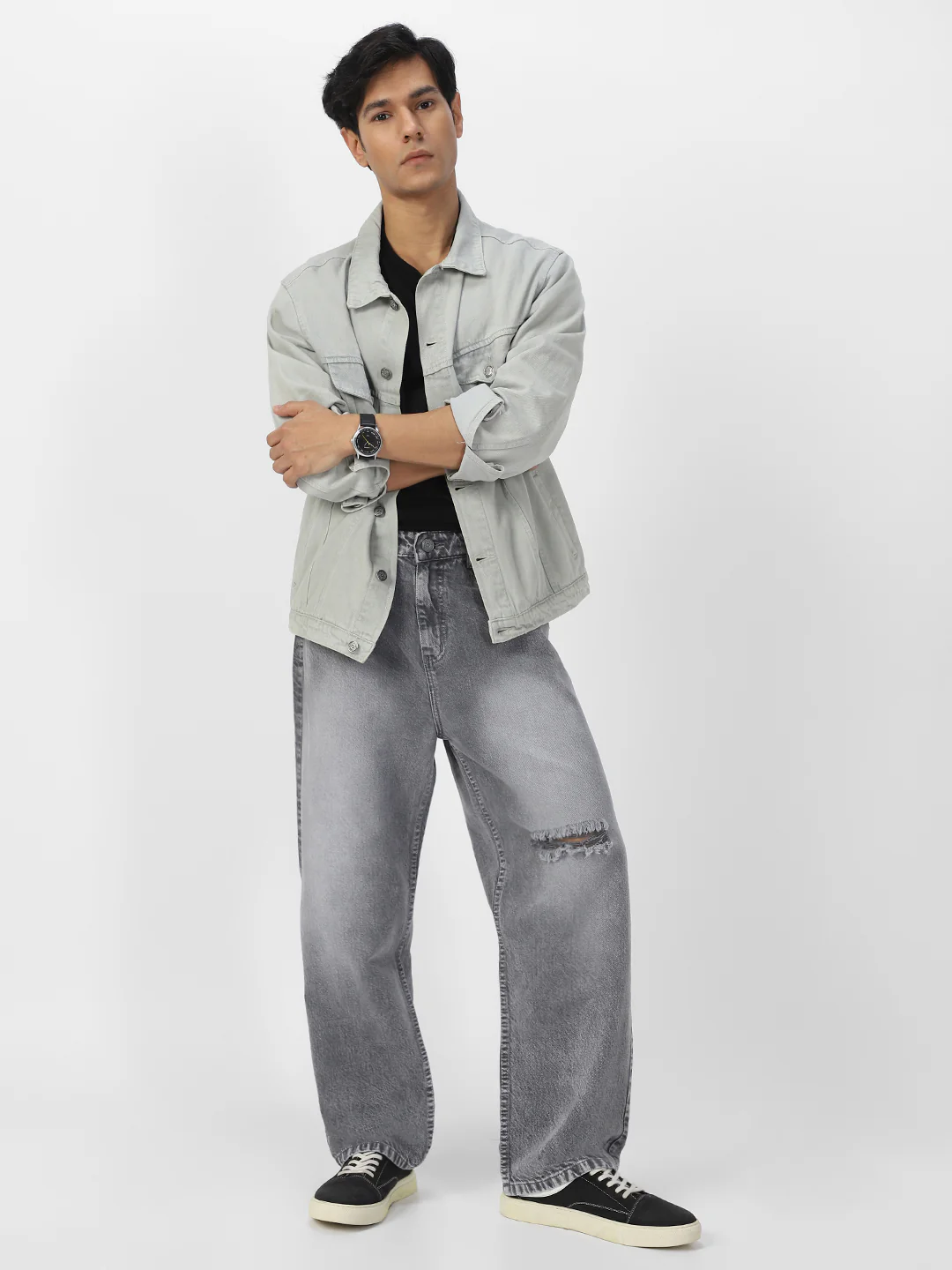 Men's Light Grey Loose Baggy Fit Washed Distressed/Torn Jeans Non-Stretchable - Image 4