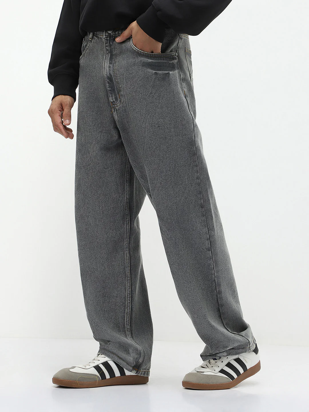 Men's Light Grey Loose Baggy Fit Washed Jeans Non-Stretchable - Image 2