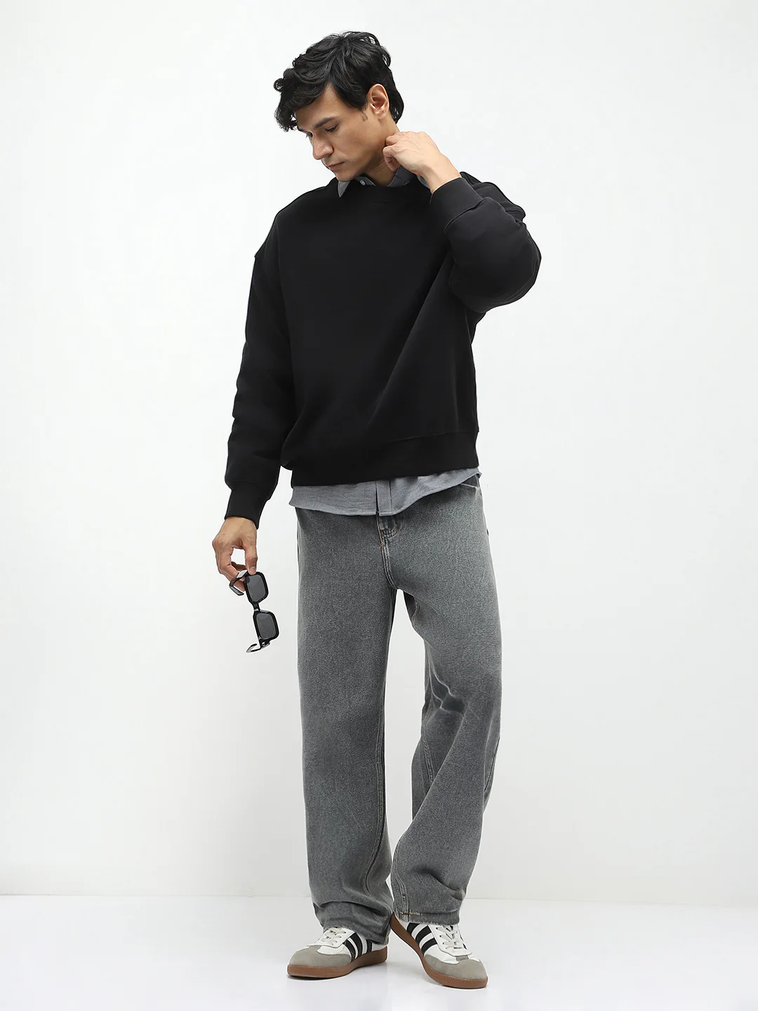 Men's Light Grey Loose Baggy Fit Washed Jeans Non-Stretchable - Image 4