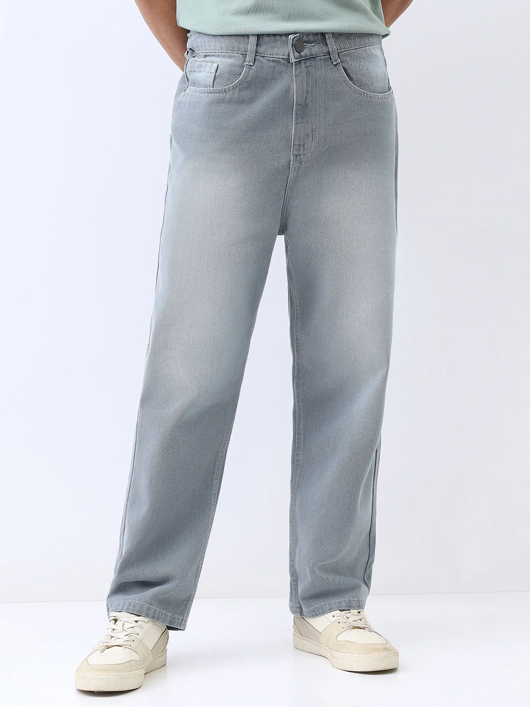Men's Light Grey Loose Baggy Fit Washed Jeans Non-Stretchable - Image 2