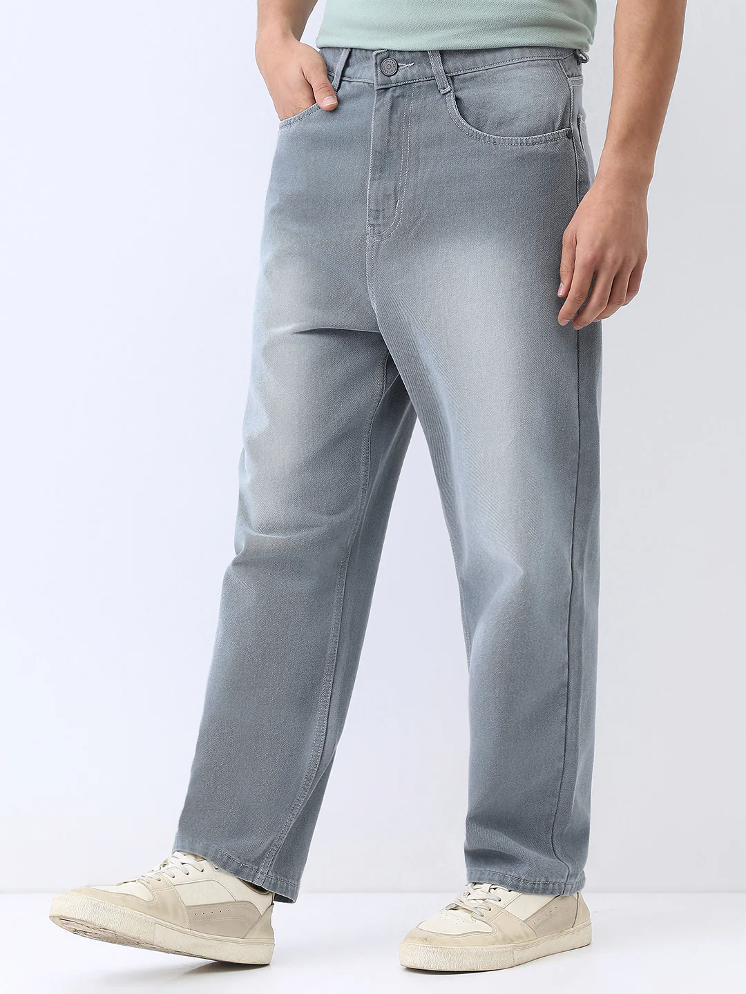 Men's Light Grey Loose Baggy Fit Washed Jeans Non-Stretchable - Image 3