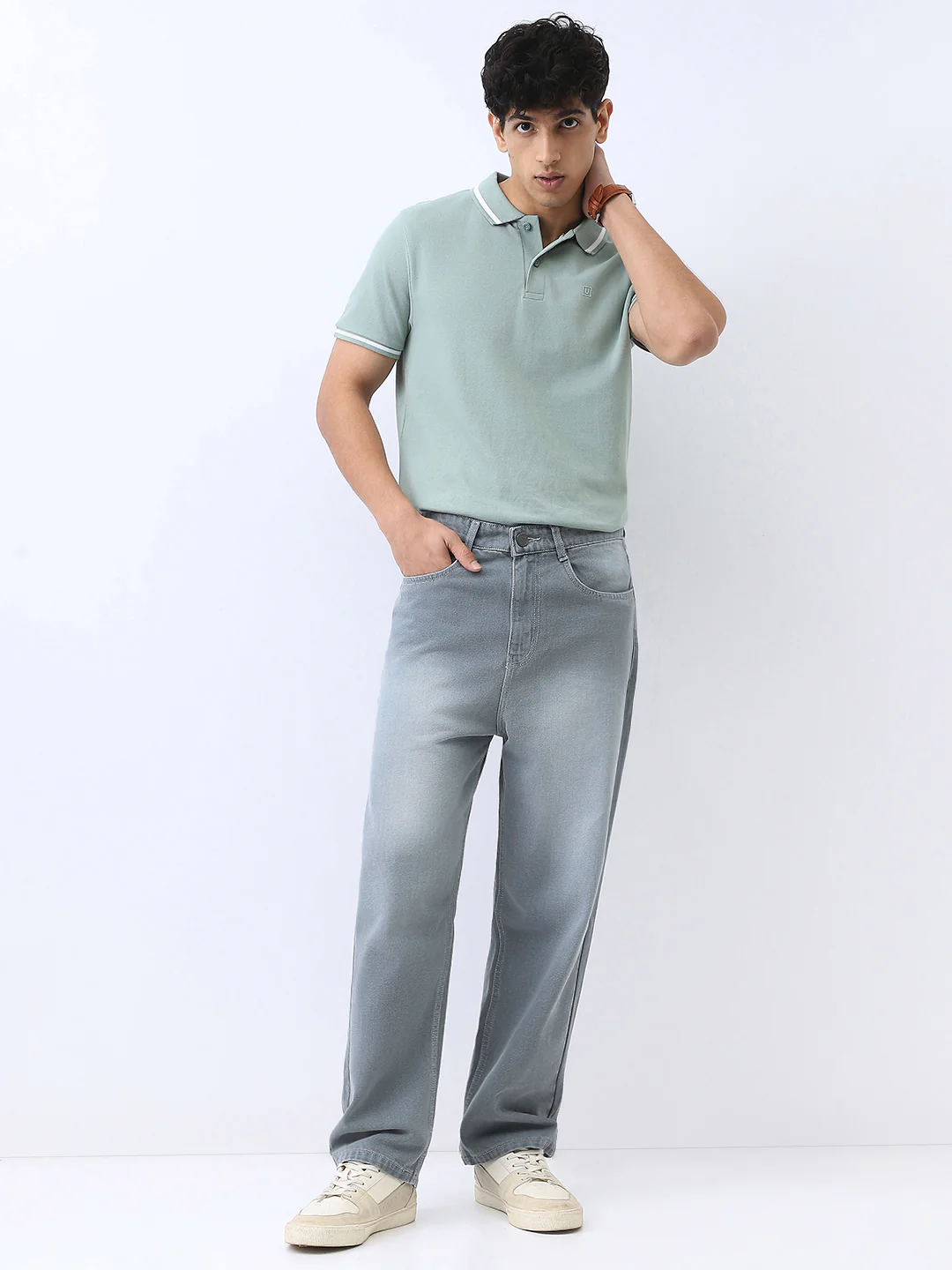 Men's Light Grey Loose Baggy Fit Washed Jeans Non-Stretchable - Image 5
