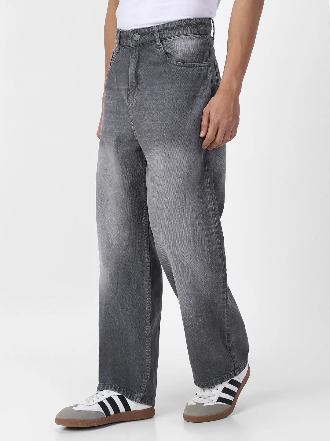 Men's Light Grey Loose Baggy Fit Washed Jeans Non-Stretchable - Image 2