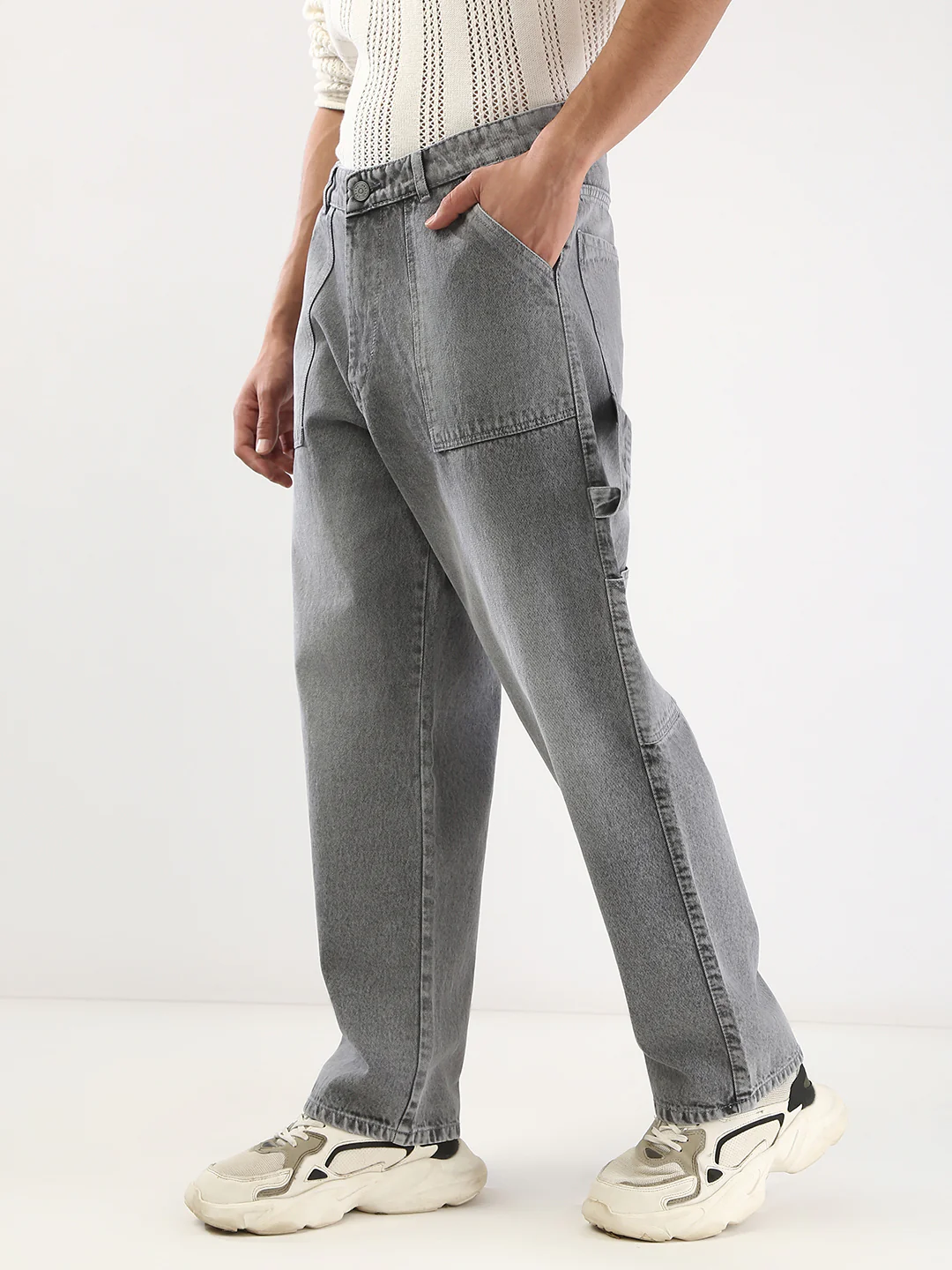 Men's Light Grey Loose Fit Cargo Carpenter Jeans With 6 Pockets Non-Stretchable - Image 2