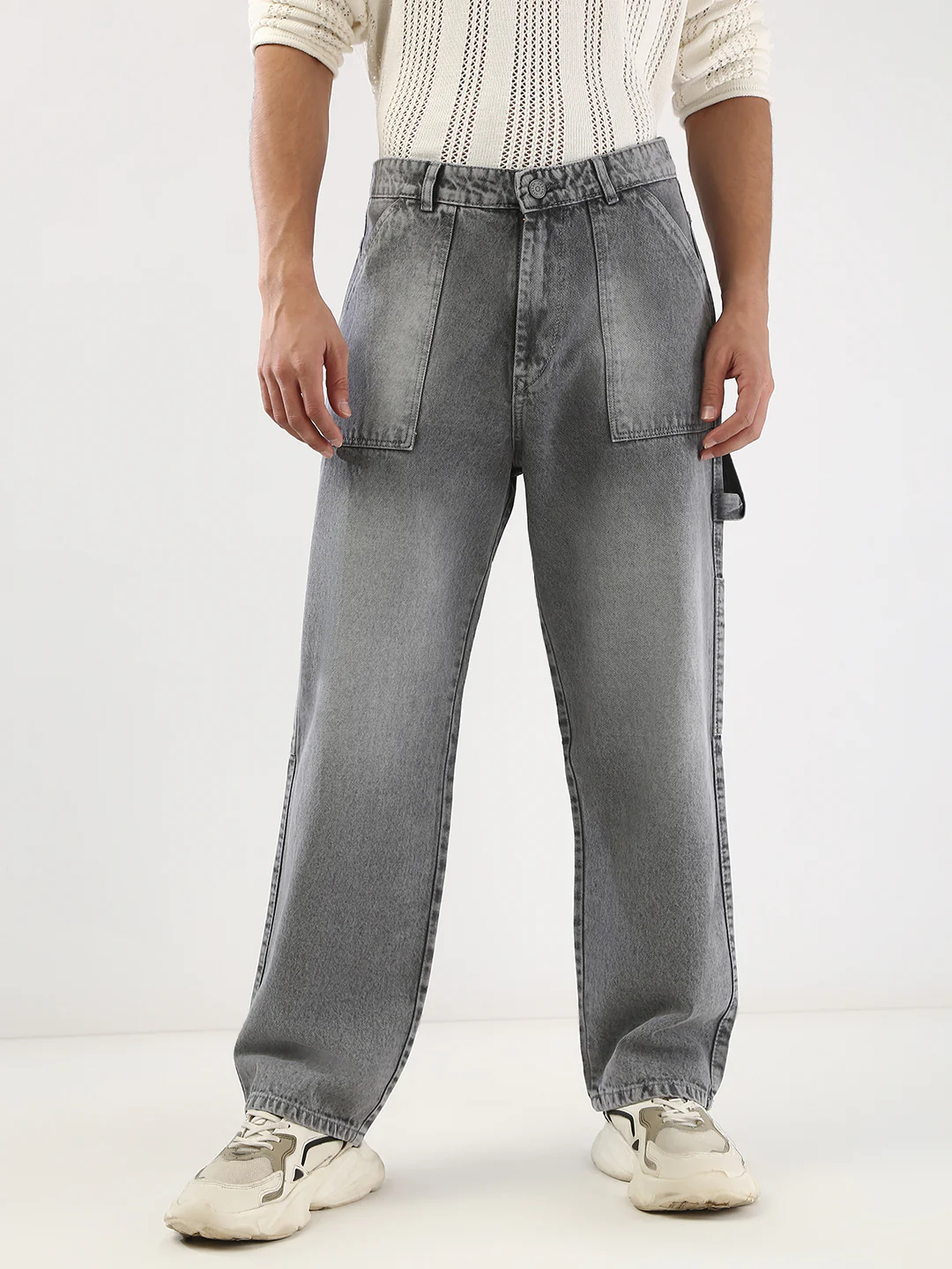 Men's Light Grey Loose Fit Cargo Carpenter Jeans With 6 Pockets Non-Stretchable - Image 3