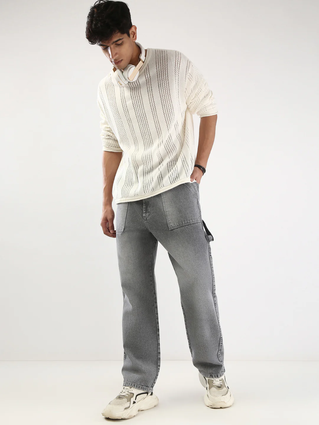 Men's Light Grey Loose Fit Cargo Carpenter Jeans With 6 Pockets Non-Stretchable - Image 5