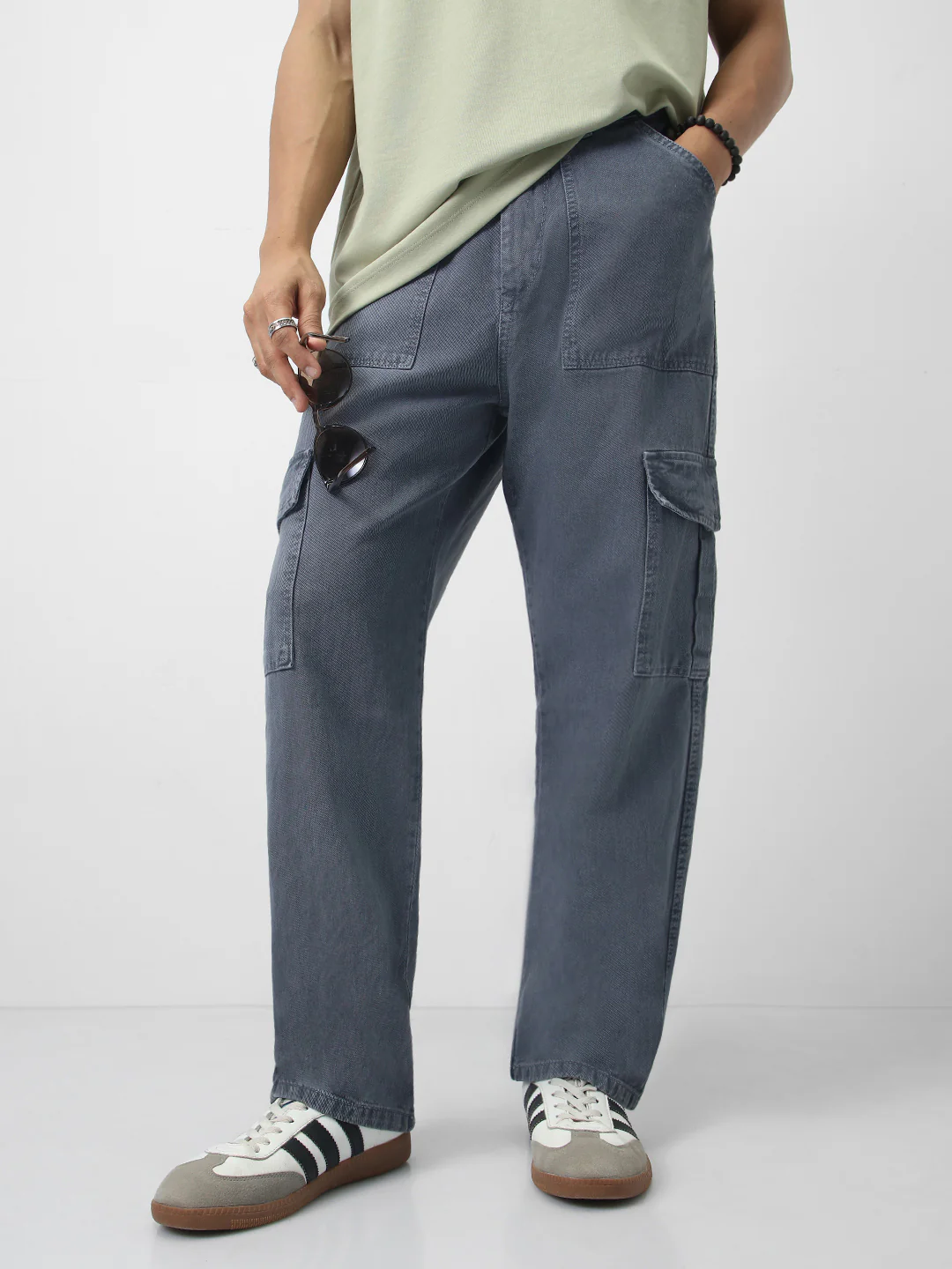 Men's Light Grey Loose Fit Cargo Jeans with 6 Pockets Non-Stretchable - Image 2
