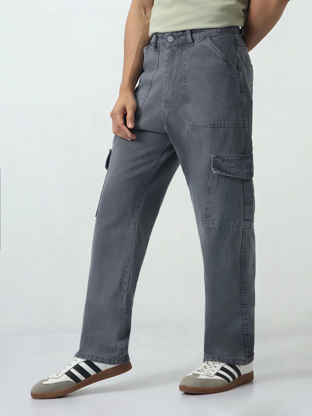 Men's Light Grey Loose Fit Cargo Jeans with 6 Pockets Non-Stretchable - Image 3