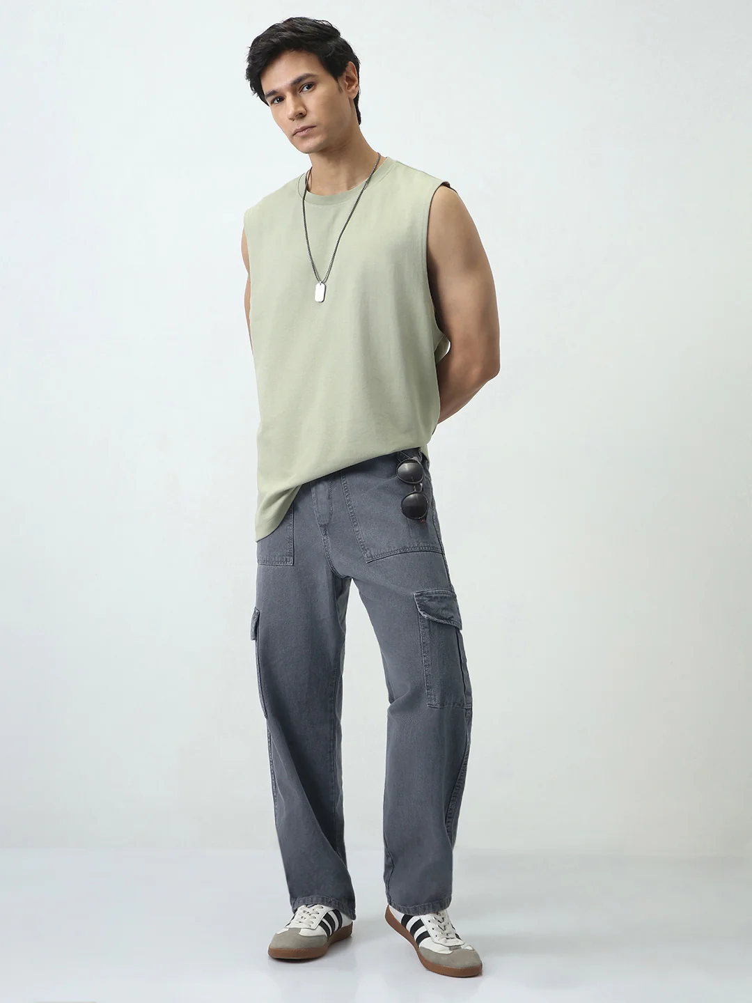 Men's Light Grey Loose Fit Cargo Jeans with 6 Pockets Non-Stretchable - Image 5