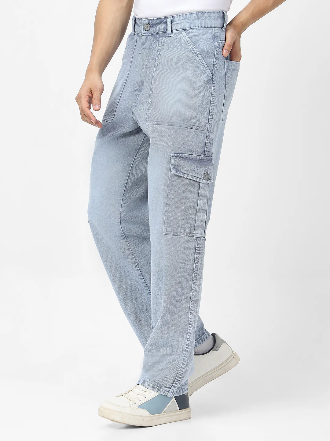 Men's Light Grey Loose Baggy Fit Washed Cargo Jeans with 6 Pockets Non-Stretchable - Image 2