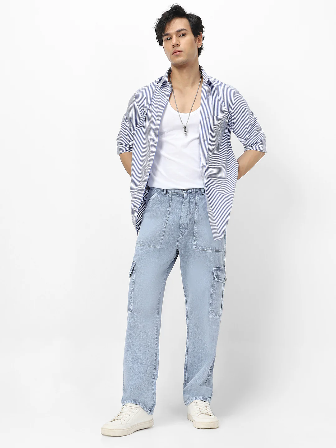 Men's Light Grey Loose Baggy Fit Washed Cargo Jeans with 6 Pockets Non-Stretchable - Image 4