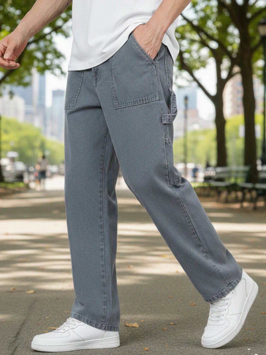 Men's Light Grey Loose Fit Cargo Carpenter Jeans With 6 Pockets Non-Stretchable