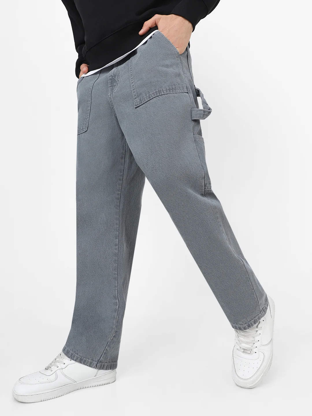Men's Light Grey Loose Fit Cargo Carpenter Jeans With 6 Pockets Non-Stretchable - Image 2