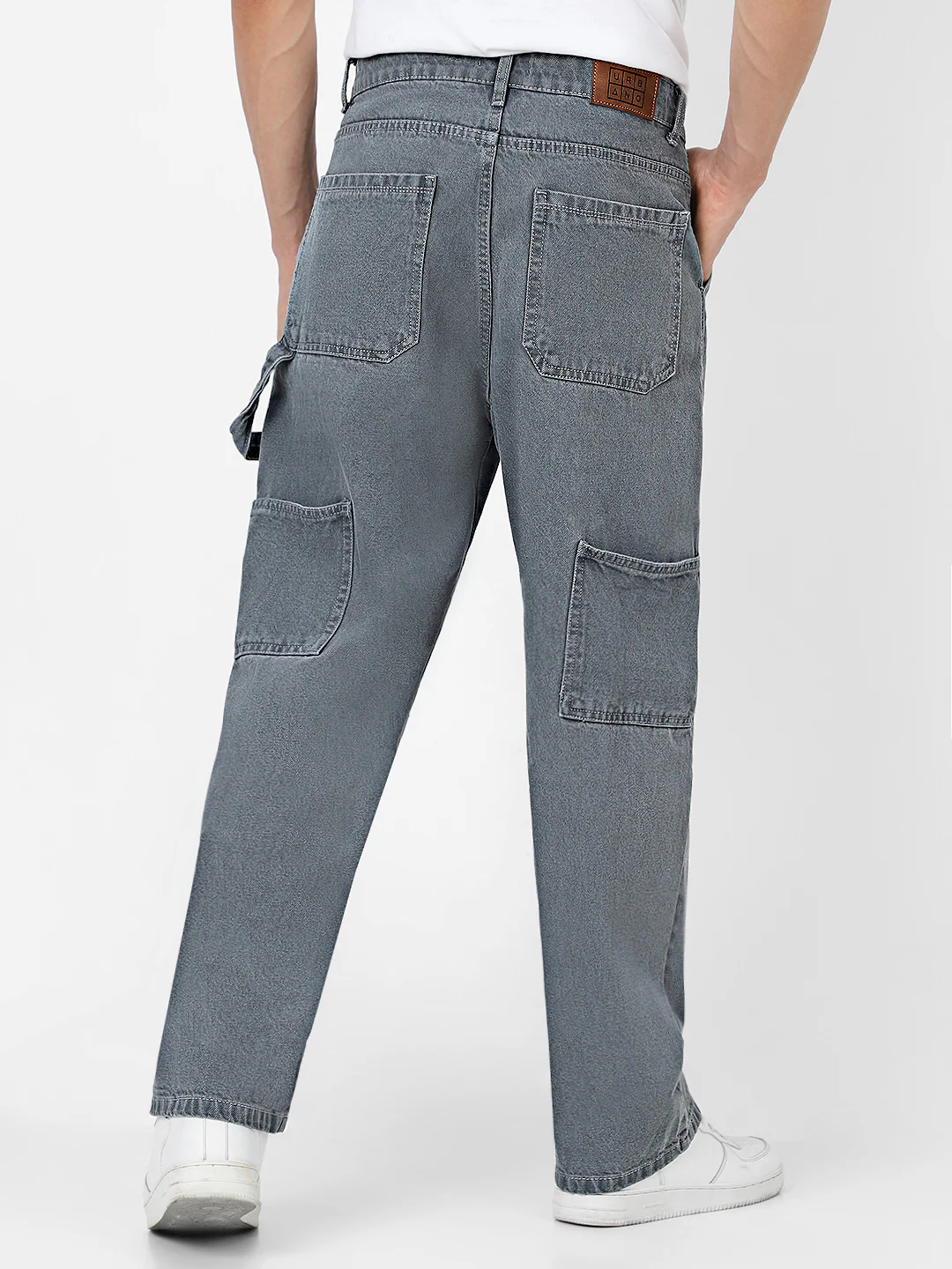 Men's Light Grey Loose Fit Cargo Carpenter Jeans With 6 Pockets Non-Stretchable - Image 3