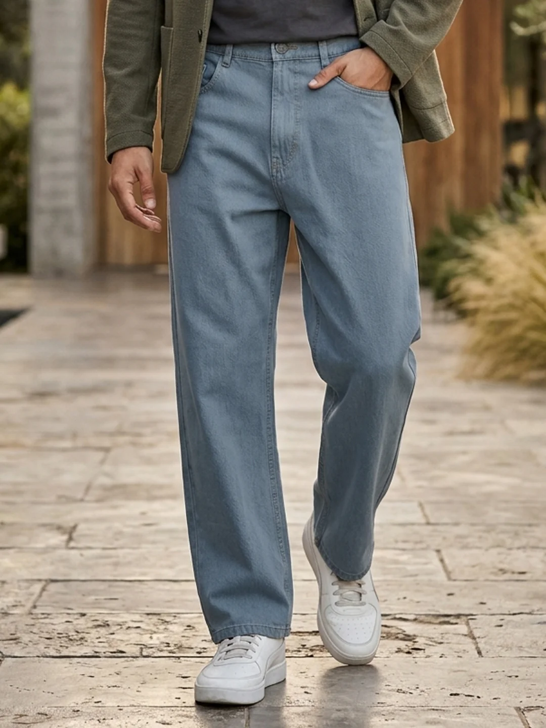 Men's Light Grey Loose Fit Washed Jeans Non-Stretchable