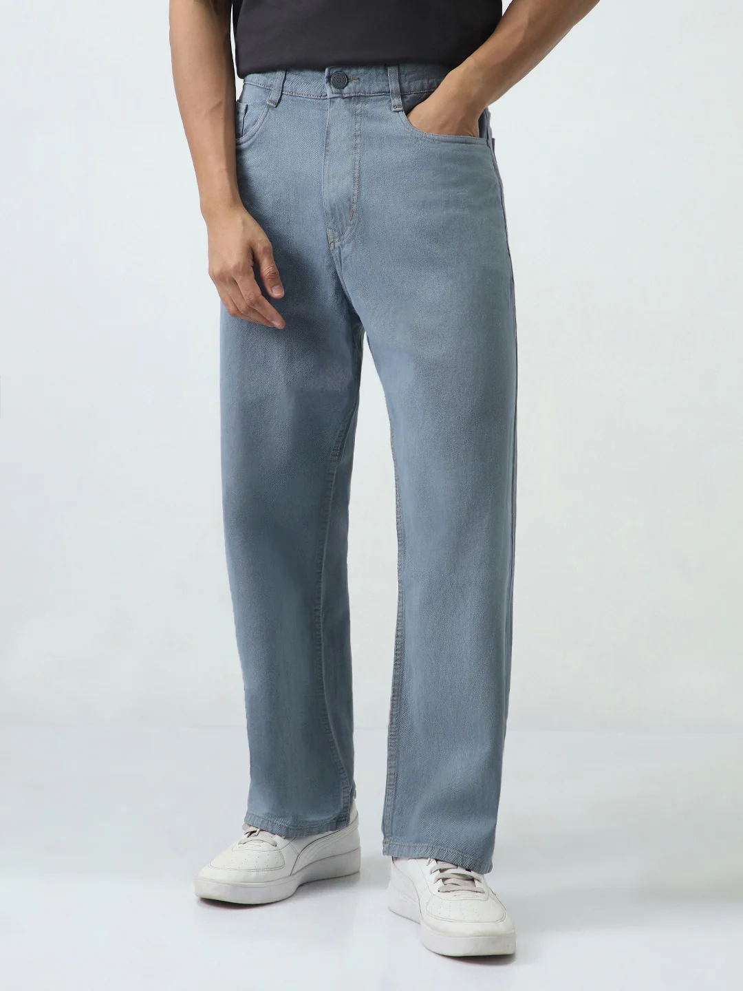 Men's Light Grey Loose Fit Washed Jeans Non-Stretchable - Image 2