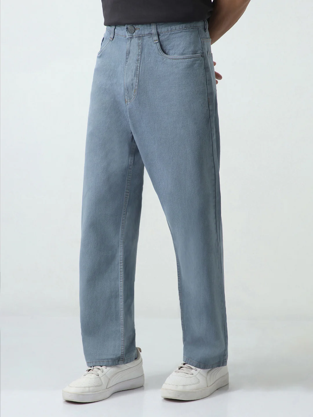 Men's Light Grey Loose Fit Washed Jeans Non-Stretchable - Image 3