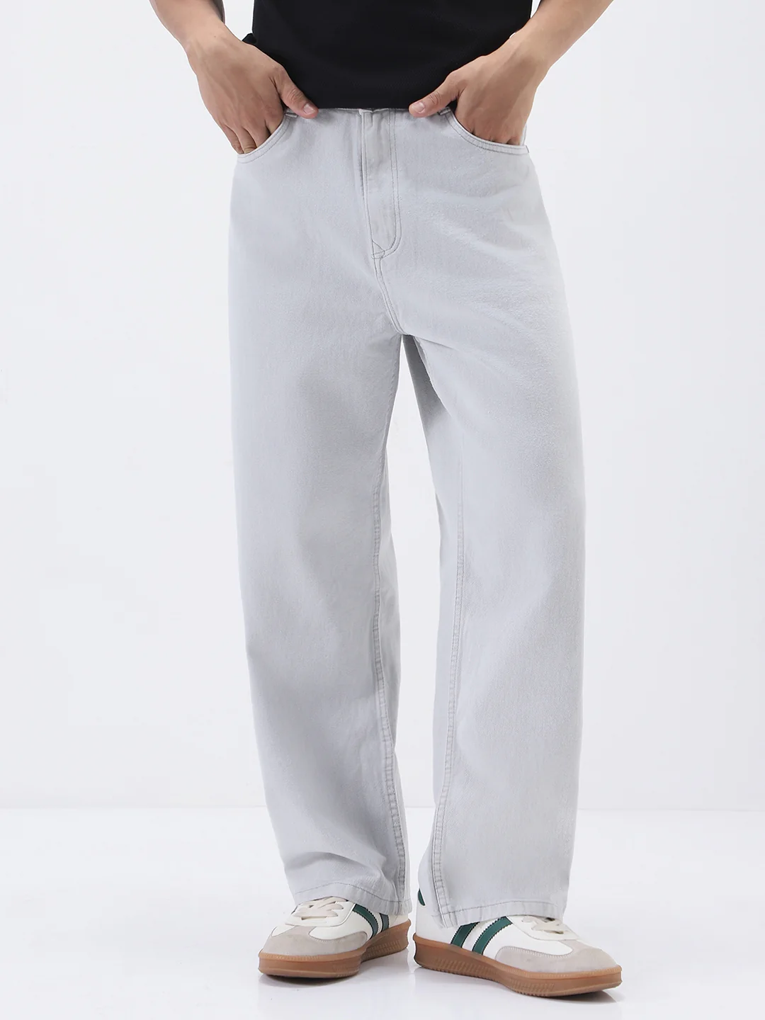 Men's Light Grey Loose Fit Washed Jeans Non-Stretchable